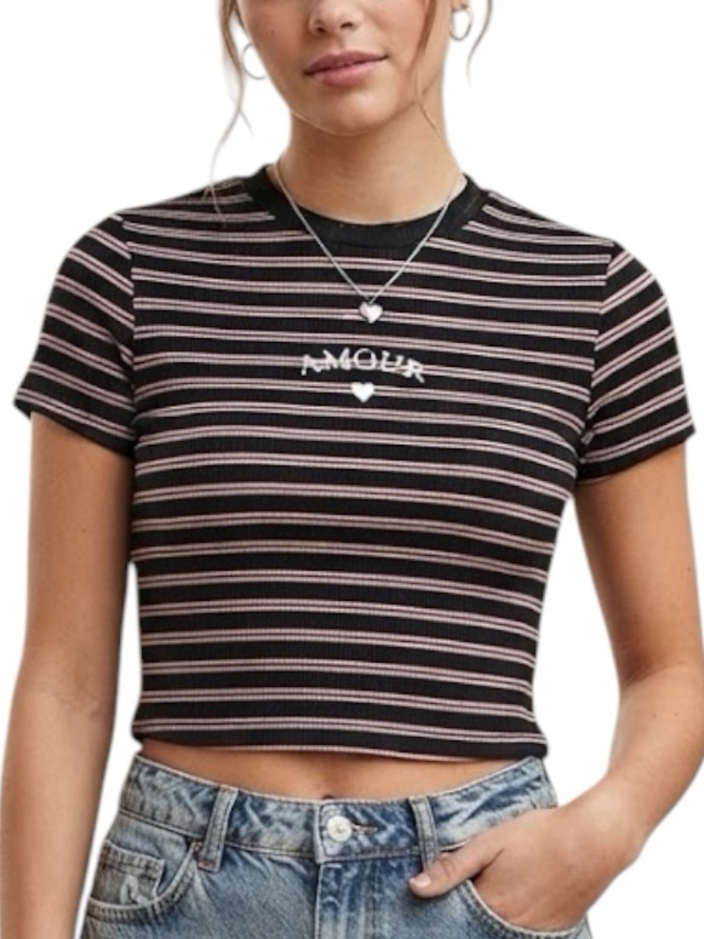 FOREVER 21 Striped Velvet Amour Graphic Cap Sleeve Slub Tee Womens Small S NWT